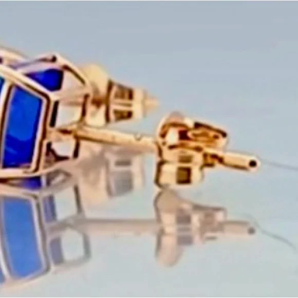 14K solid Rose Gold Genuine .98ctsBlue Opal Princess Cut Stud Earrings - Picture 9 of 12